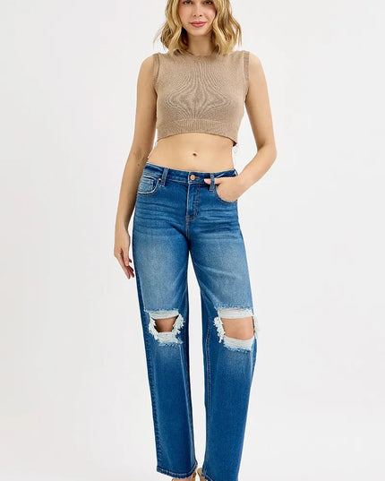 RISEN Full Size Mid Waist Fit Boyfriend Knee Distressed Jeans Plus Size - Sleekdenim.com