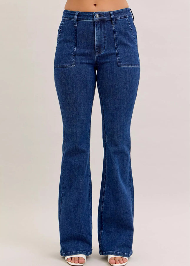 Judy Blue High Waist Flare Jeans with Front Patch Pockets - Sleekdenim.com