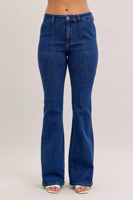 Judy Blue High Waist Flare Jeans with Front Patch Pockets - Sleekdenim.com