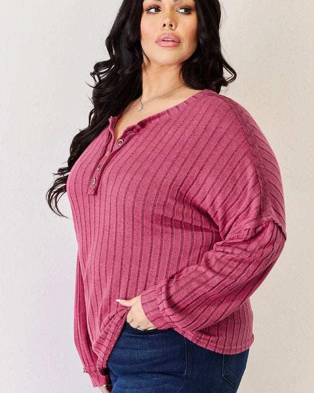 Basic Bae Full Size Ribbed Half Button Long Sleeve High-Low T-Shirt - Sleekdenim.com