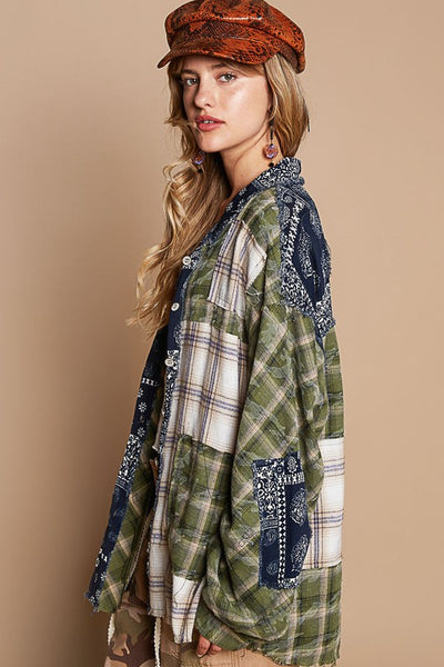 POL Patchwork Plaid Button Up Shirt - Sleekdenim.com