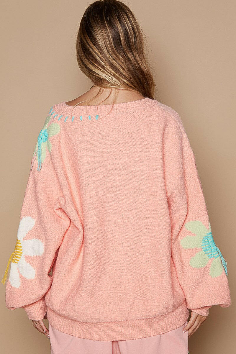 POL V-Neck Long Sleeve Flower Fringe Sweater | Sleekdenim.com