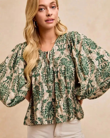 BiBi Printed Woven Front Tied Blouse with Baloon Sleeve - Sleekdenim.com