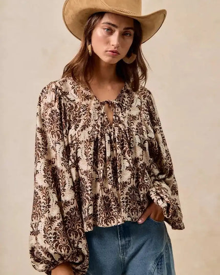 BiBi Printed Woven Front Tied Blouse with Baloon Sleeve - Sleekdenim.com