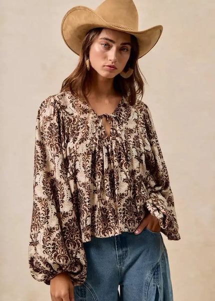 BiBi Printed Woven Front Tied Blouse with Baloon Sleeve - Sleekdenim.com