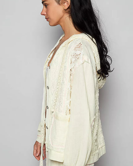 POL Exposed Seam Button Down Hooded Jacket with Lace Detail - Sleekdenim.com