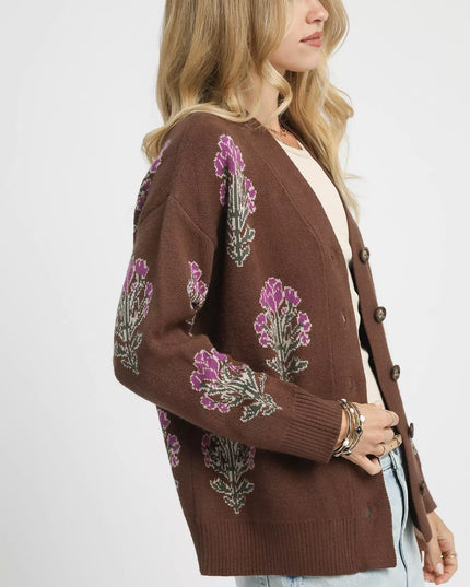 Umgee Single Flower Stem Jacquard Cardigan Sweater - Sleekdenim.com