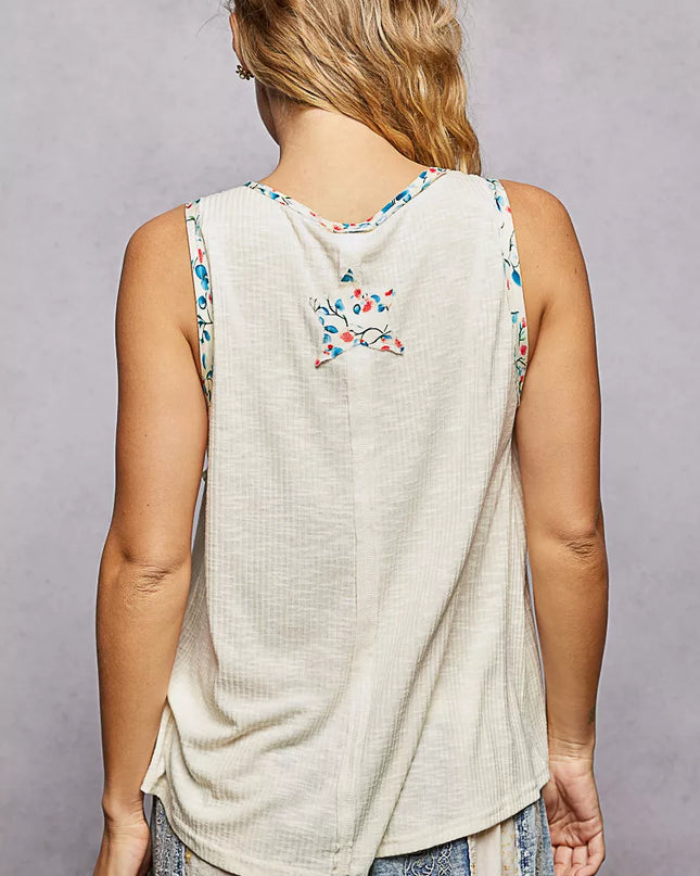 POL Floral Print Star Patch V-Neck Ribbed Tank - Sleekdenim.com