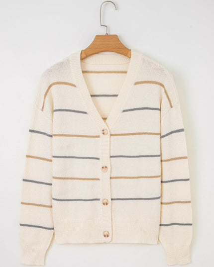 Stripe Buttoned V-Neck Cardigan Sweater - Sleekdenim.com