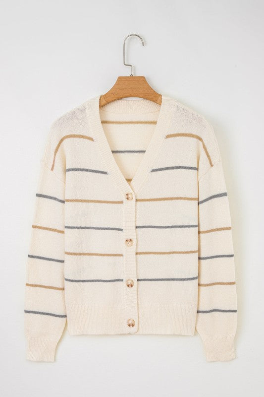 Stripe Buttoned V-Neck Cardigan Sweater - Sleekdenim.com