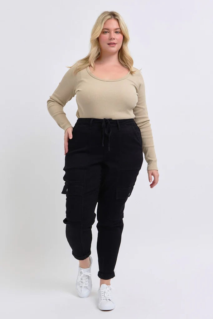 Judy Blue High Waist Cargo Cuff Black Jogger Denim Jeans 88910– sleekdenim.com | Sleekdenim.com