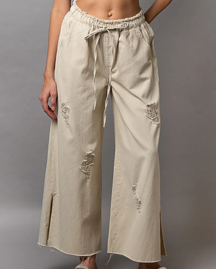 POL Distressed Drawstring Slit Wide leg Pants - Sleekdenim.com