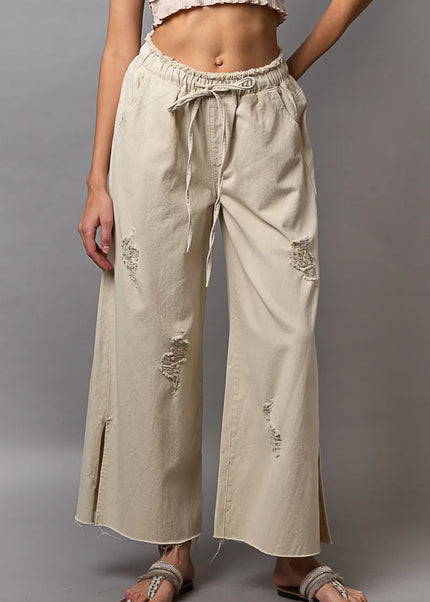 POL Distressed Drawstring Slit Wide leg Pants - Sleekdenim.com