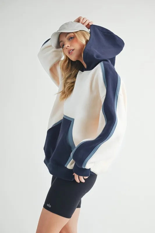 Aemi + Co Color Block Kangaroo Pocketed Hoodie - Sleekdenim.com