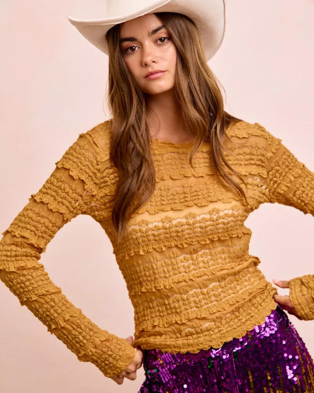 BiBi Ruffles Detail Mardi Gras Color Flower Lace Top - Sleekdenim.com