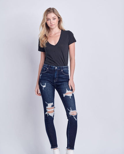 AT5003D HIGH RISE DISTRESSED ANKLE SKINNY JEANS - Sleekdenim.com