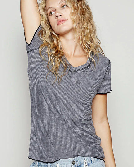 POL V-Neck Short Sleeve Ribbed T-Shirt with Contrast Overlock Stitching - Sleekdenim.com