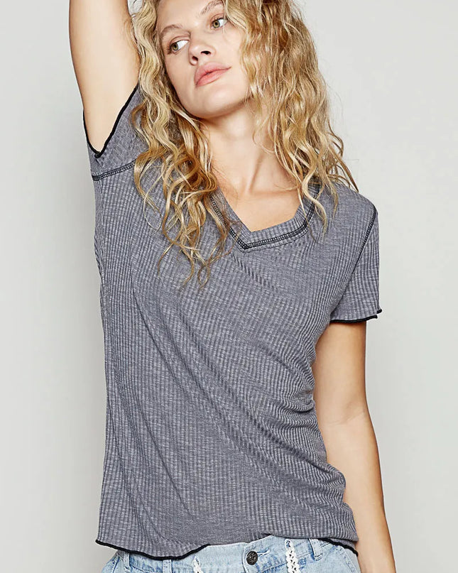 POL V-Neck Short Sleeve Ribbed T-Shirt with Contrast Overlock Stitching - Sleekdenim.com