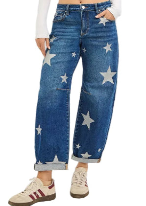 RISEN Mid Rise Ankle Length Relaxed Barrel Star Printed Jeans - Sleekdenim.com