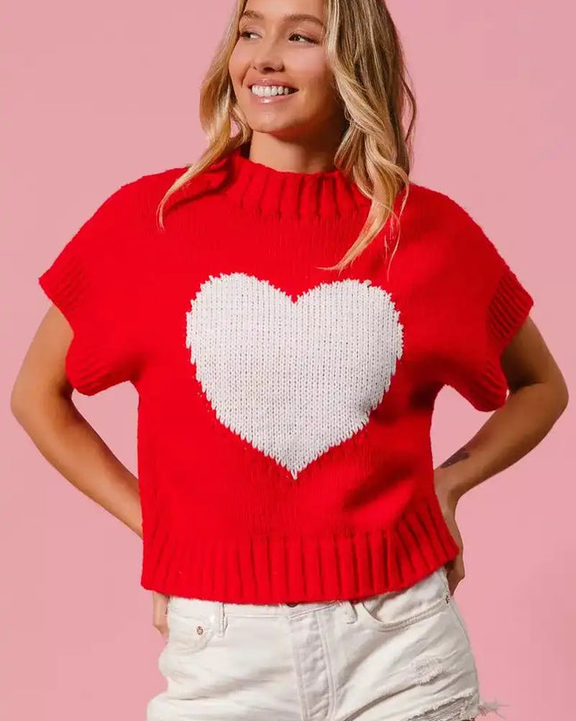 BiBi Rib Banded Heart Pattern Valentines Sweater - Sleekdenim.com