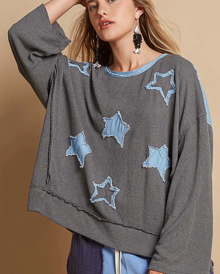 POL Exposed Seam Relaxed Fit Sweater with Star Denim Patch - Sleekdenim.com