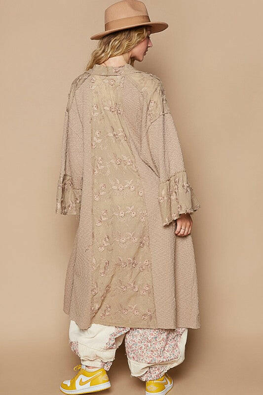 POL Flower Lace Trim Open Front Longline Cardigan Khaki