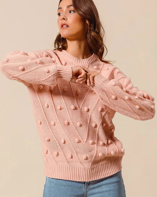 SO ME Pom Pom Textured Knit Sweater Top - Sleekdenim.com