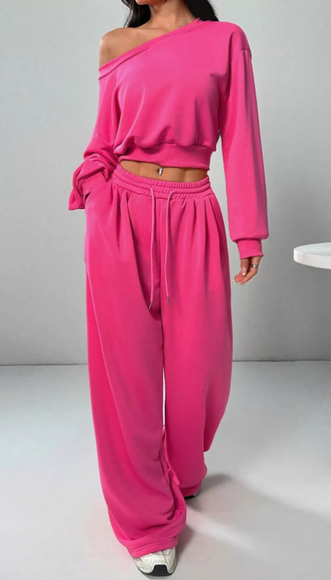 Boat Neck Long Sleeve Top and Pants Set - Sleekdenim.com