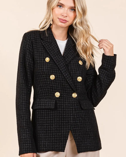 Mittoshop Plaid Texture Double-Breasted Long Sleeve Blazer - Sleekdenim.com