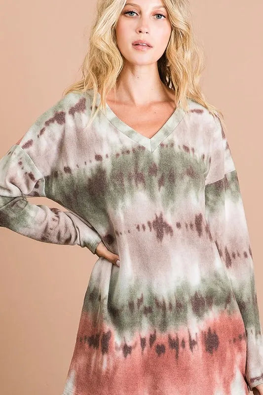 BiBi Brushed Tie Dye Looking Print V Neck Top - Sleekdenim.com