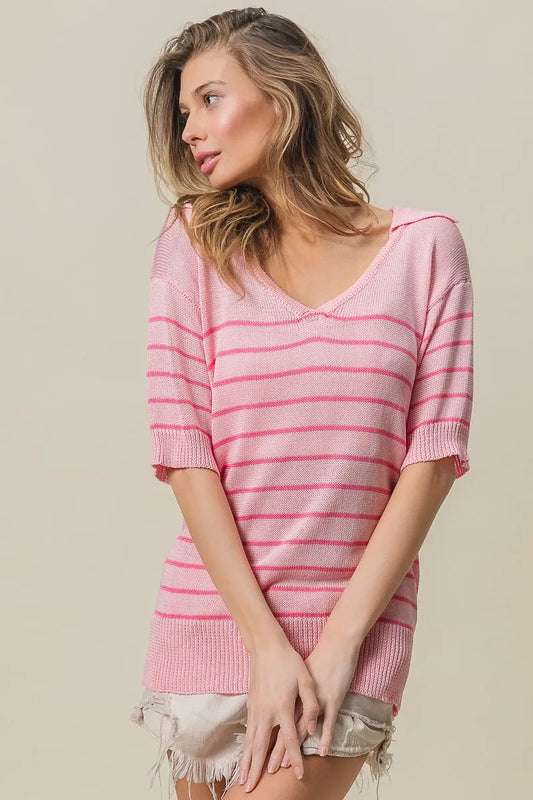 BiBi Stripe Short Sleeves Collared V Neck Top - 1