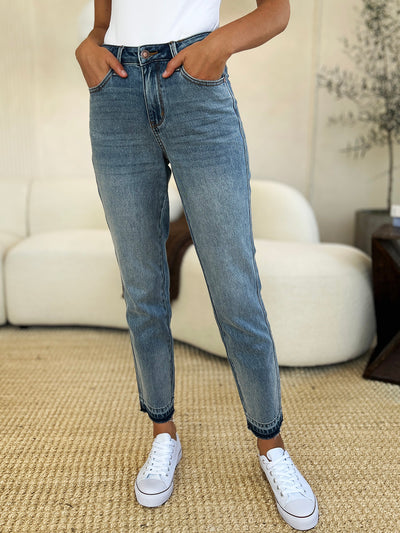 Judy Blue Full Size Mid Rise Rigid Magic Boyfriend Release Hem Jeans