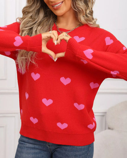 Valentine's Day Heart Pattern Dropped Shoulder Sweater - Sleekdenim.com