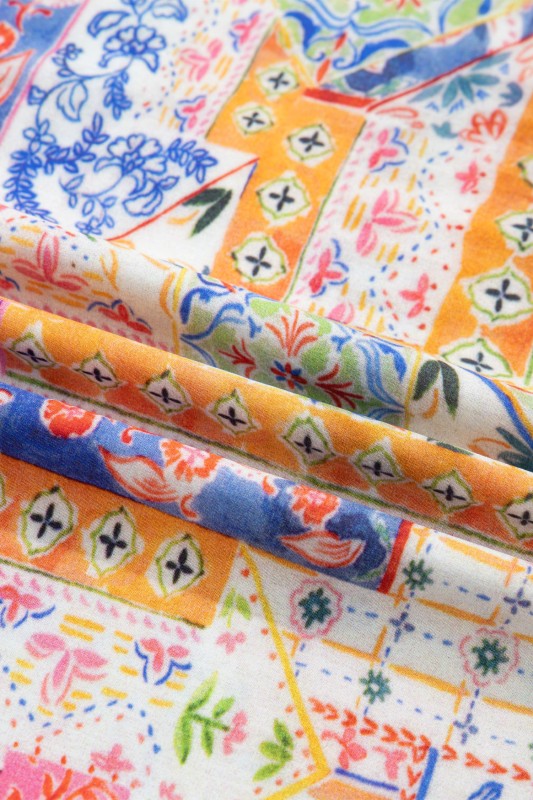 Boho Patchwork Tied V-Neck Short Sleeve Blouse - 6