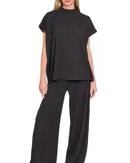 Zenana Raised Rib Short Sleeve Tee & Pants Set - Sleekdenim.com