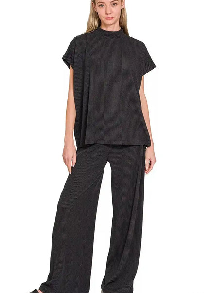 Zenana Raised Rib Short Sleeve Tee & Pants Set - Sleekdenim.com