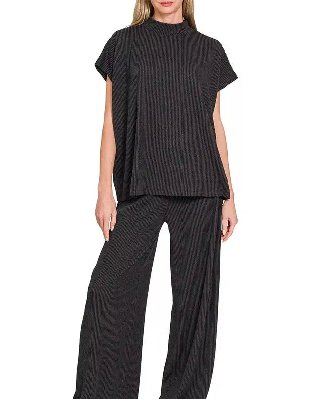 Zenana Raised Rib Short Sleeve Tee & Pants Set - Sleekdenim.com