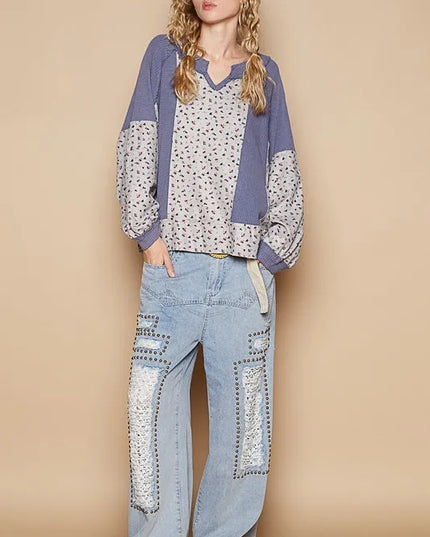POL Waffle Knit Floral Notched Long Sleeve Top - Sleekdenim.com