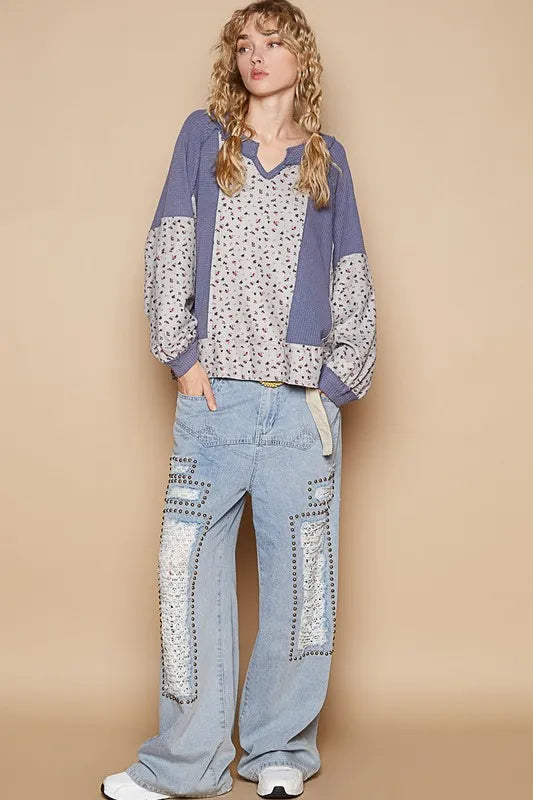 POL Waffle Knit Floral Notched Long Sleeve Top - Sleekdenim.com
