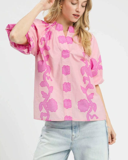 Umgee Floral Smocked Notched Puff Sleeve Blouse - Sleekdenim.com