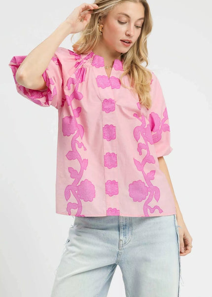 Umgee Floral Smocked Notched Puff Sleeve Blouse - Sleekdenim.com
