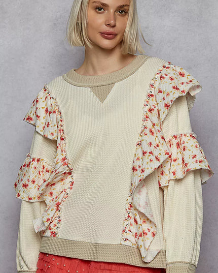 POL Round Neck Sweater with Floral Ruffle Detail - Sleekdenim.com