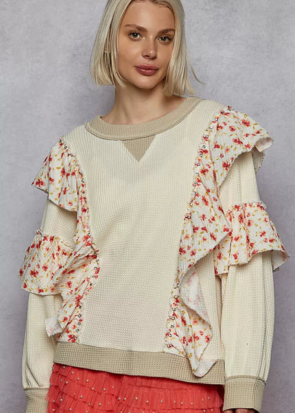 POL Round Neck Sweater with Floral Ruffle Detail - Sleekdenim.com