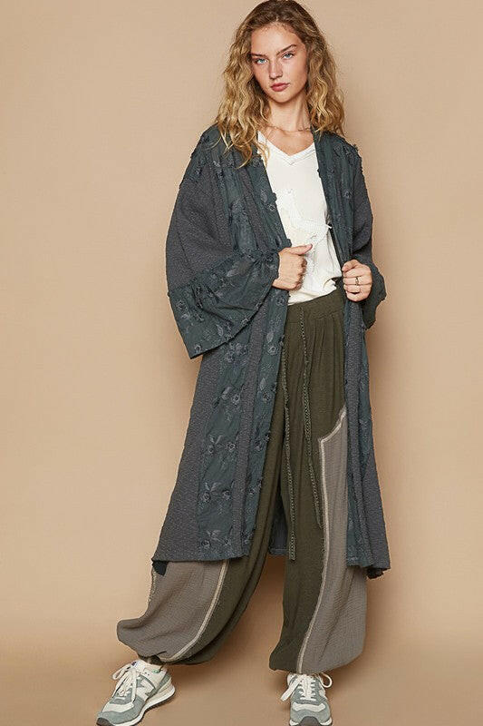 POL Flower Lace Trim Open Front Longline Cardigan | Sleekdenim.com