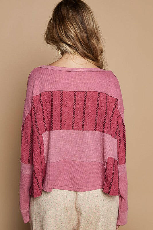 POL Half Button Color Block Drop Shoulder Knit Top | Sleekdenim.com