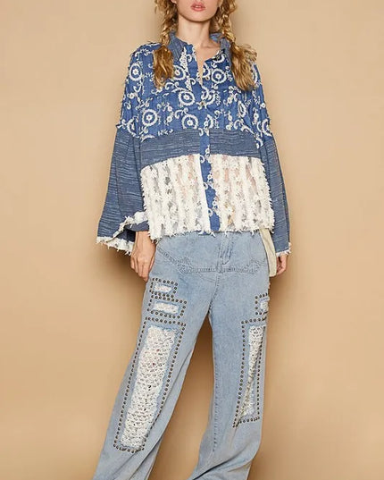 POL Lace Hem Embroidered Long Sleeve Shirt - Sleekdenim.com
