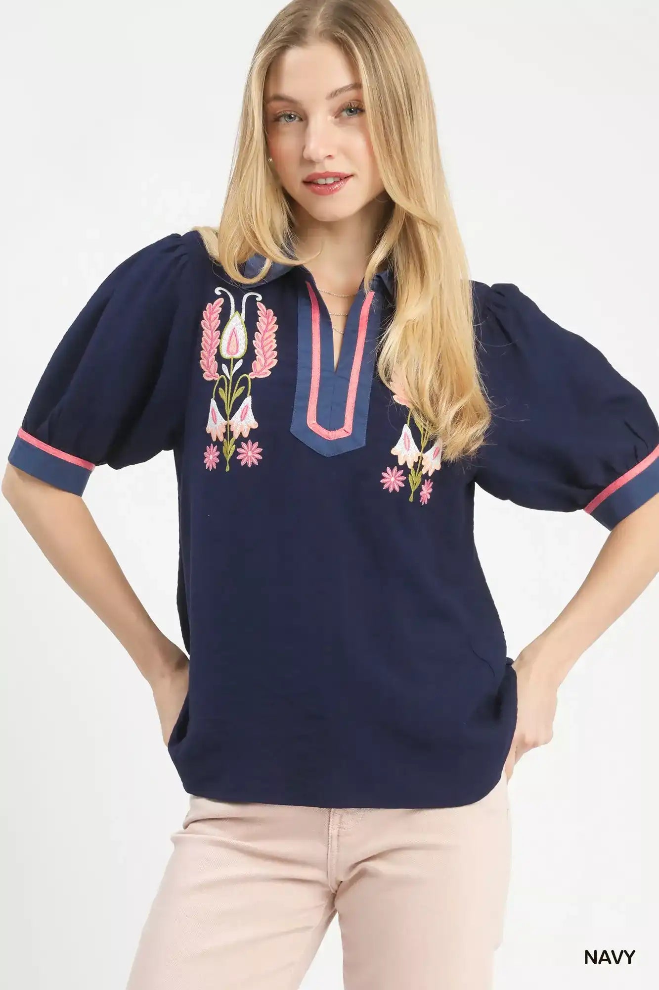 Umgee Embroidered Puff Sleeve Contrast Trim Top - Sleekdenim.com