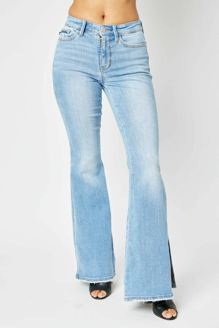 Judy Blue Full Size Mid Rise Raw Hem Slit Flare Jeans | Sleekdenim.com