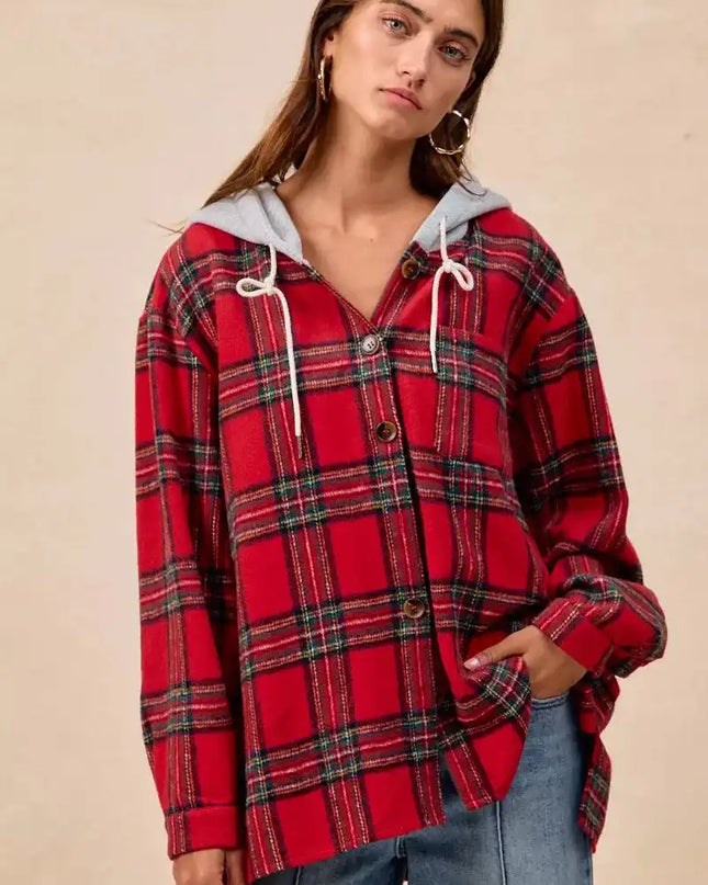 BiBi Brushed Plaid Hooded Jacket - Sleekdenim.com