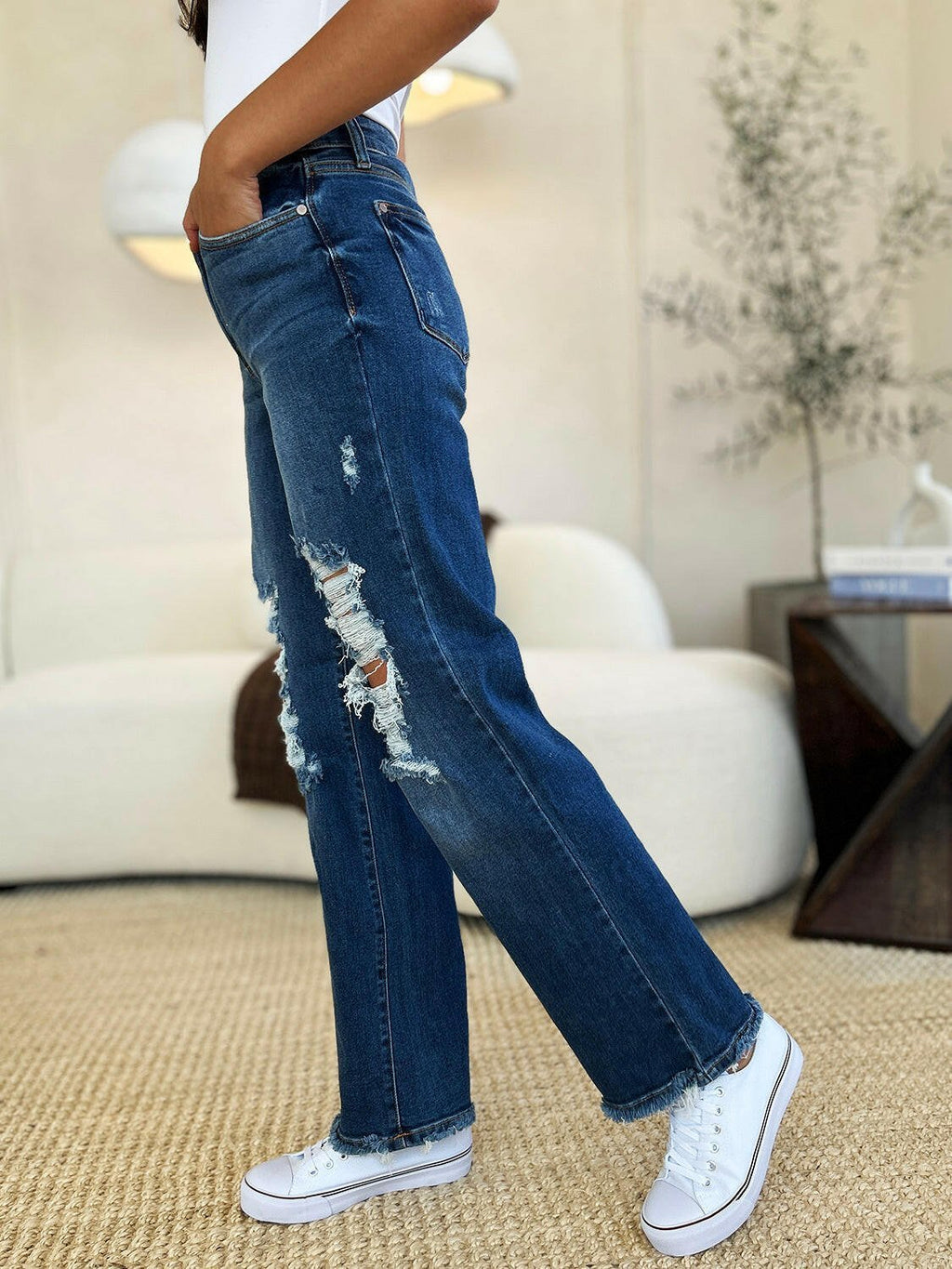 Judy Blue Full Size Mid Rise Distressed Raw Hem Dad Jeans | Sleekdenim.com